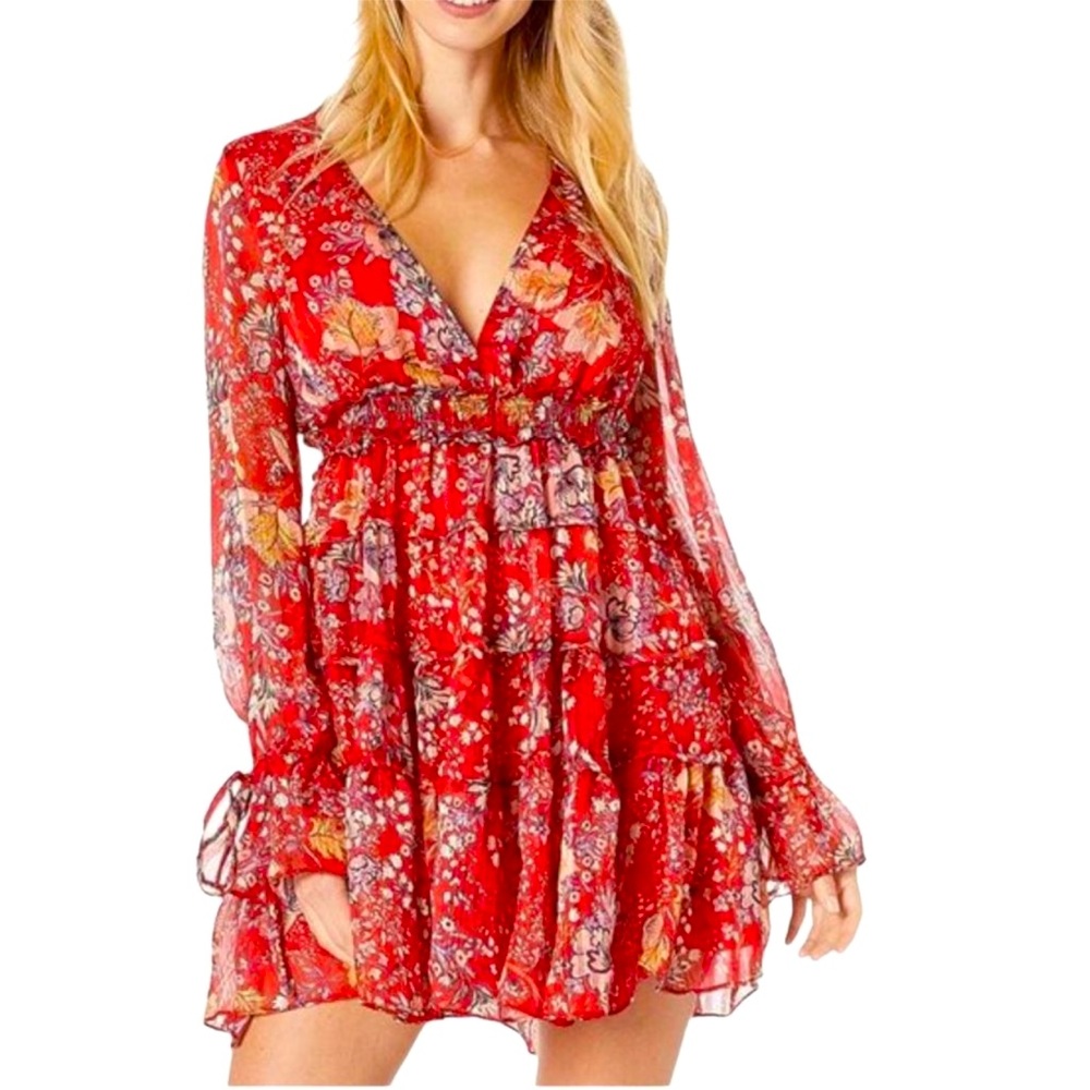 NWT Free People Closer to the Heart Mini FloralDress Red Combo Size Large